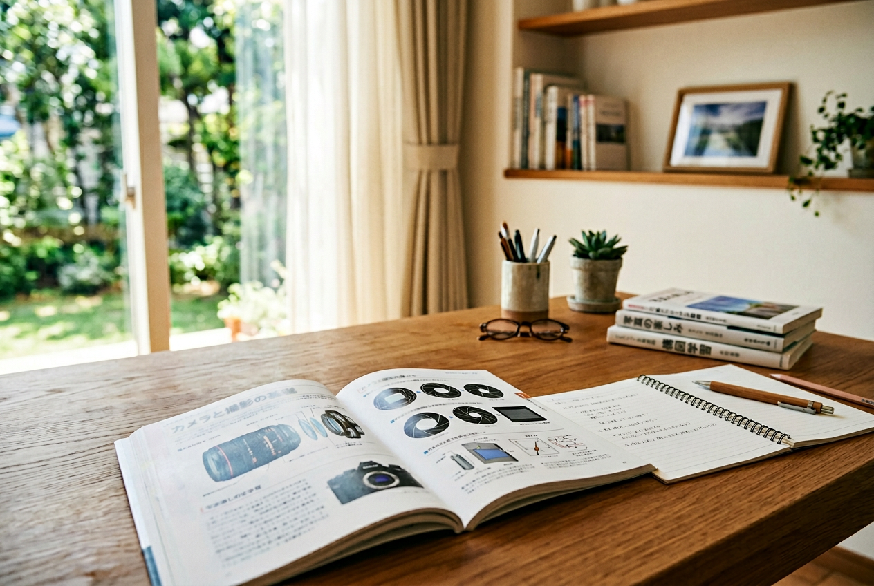 明るい教室での学習風景。ノートとテキストが並ぶ机の上