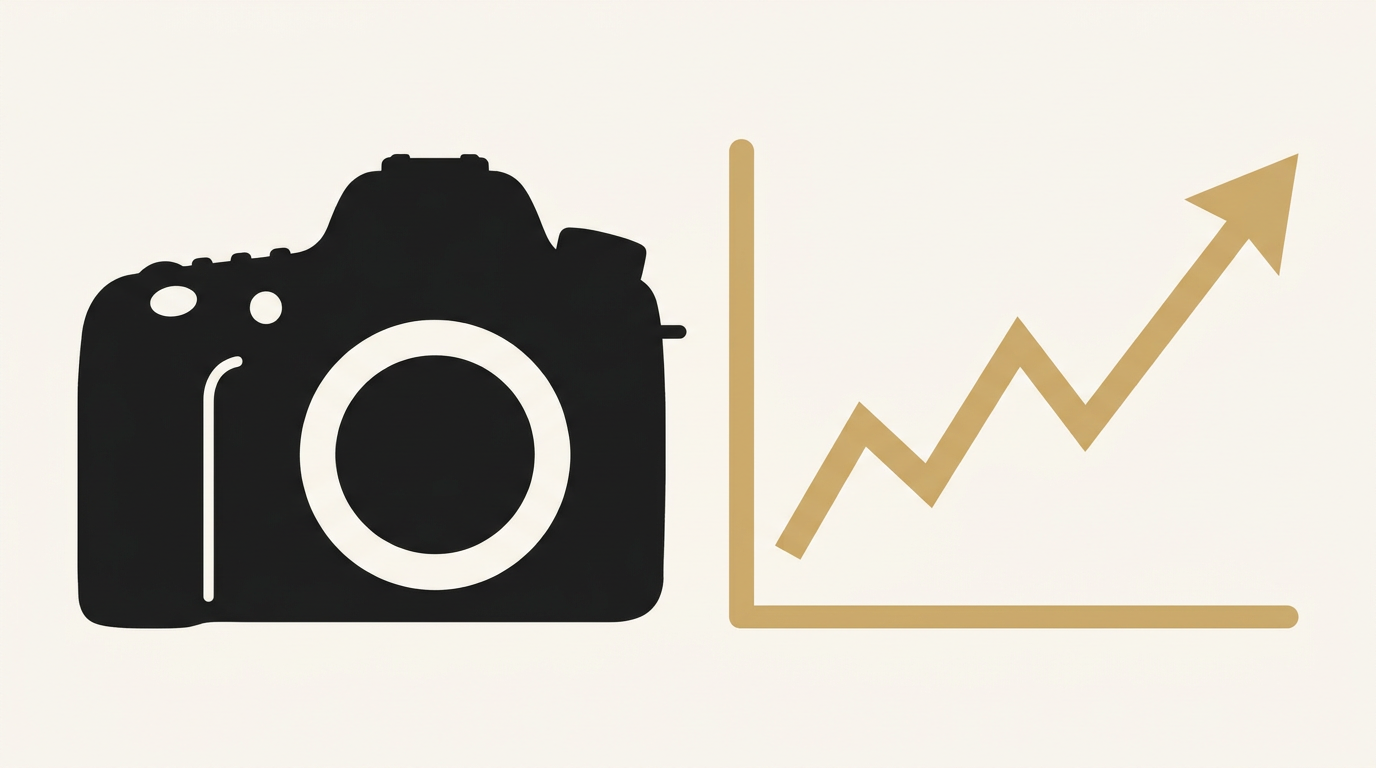 カメラのイラストとグラフの重なり。初心者向け入門ガイドのイメージ