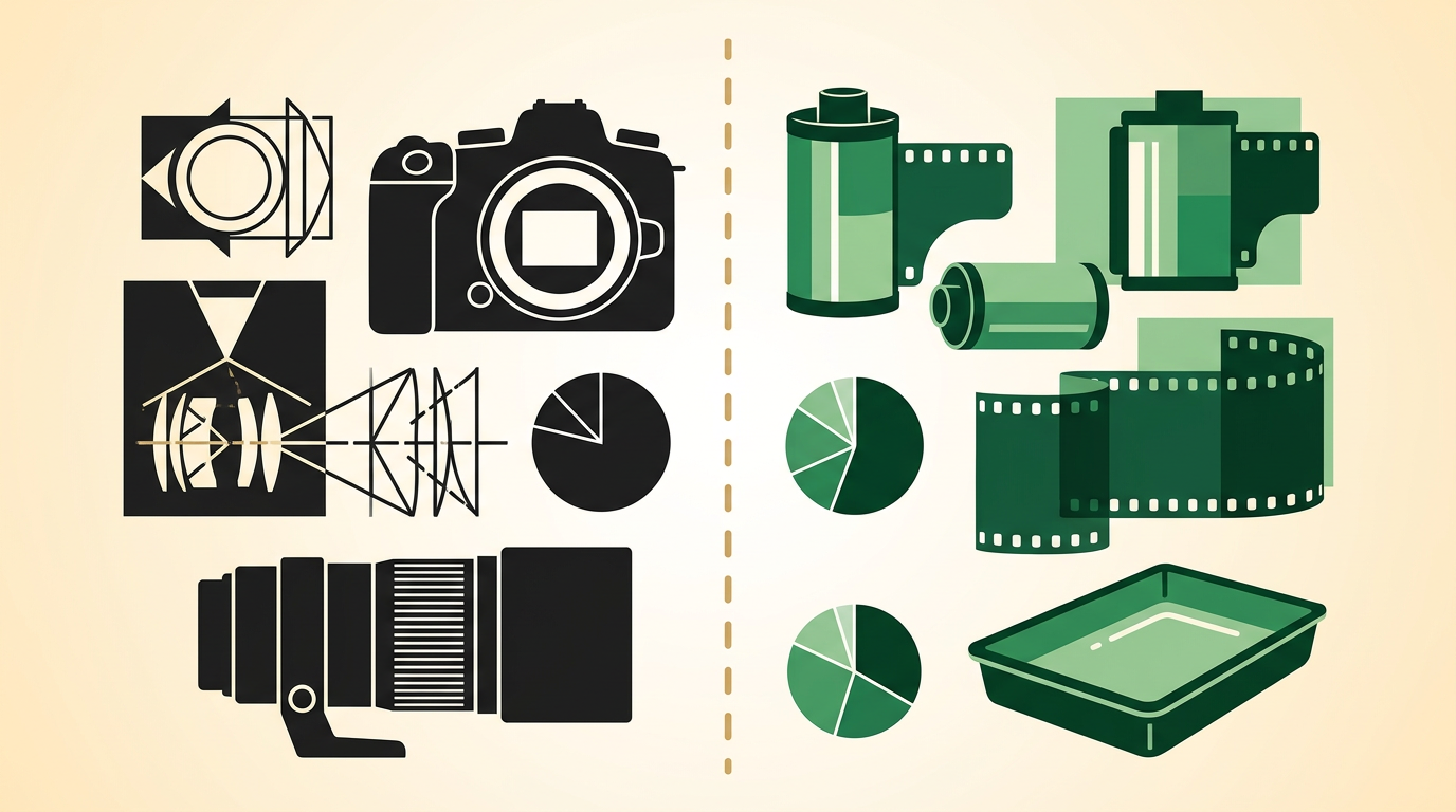 キヤノンと富士フイルムのロゴ風イメージ。二社の比較を示す図