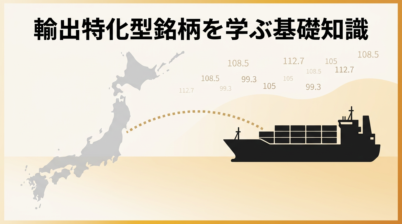 貨物船とコンテナのイメージ。輸出特化型銘柄の学習テーマ