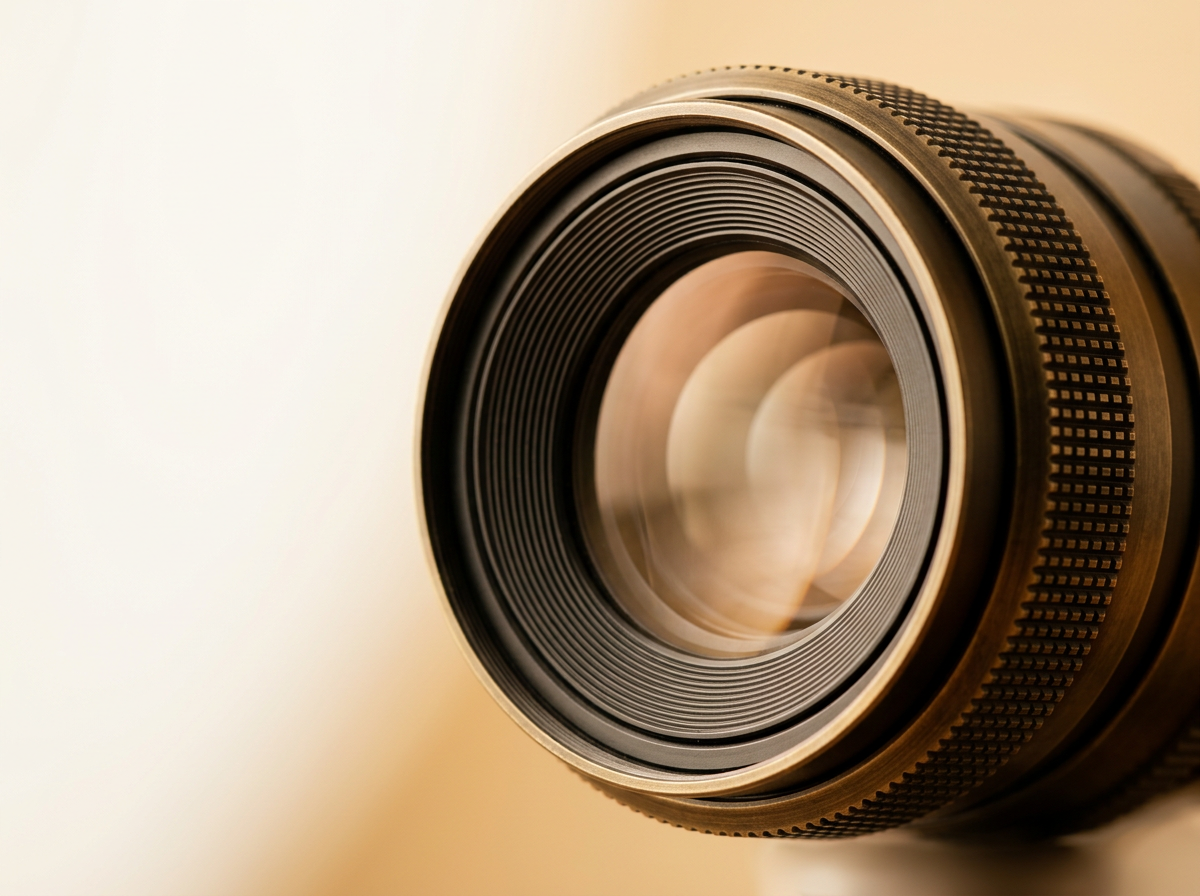 カメラレンズのクローズアップ写真。暖色のアンバー色調で繊細な光の描写